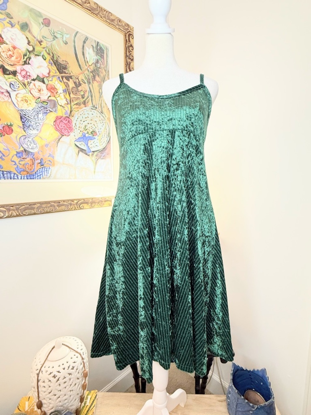 Sostanza Green Velvet Dress Medium Crushed Velvet Strappy A-Line Midi